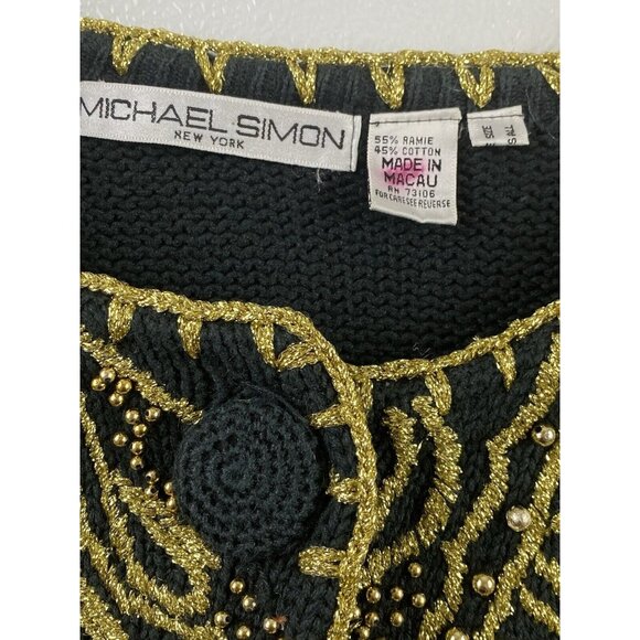 VTG Michael Simon Black Gold Regencycore Beaded Embroidered Cardigan Sweater  S - Picture 3 of 10